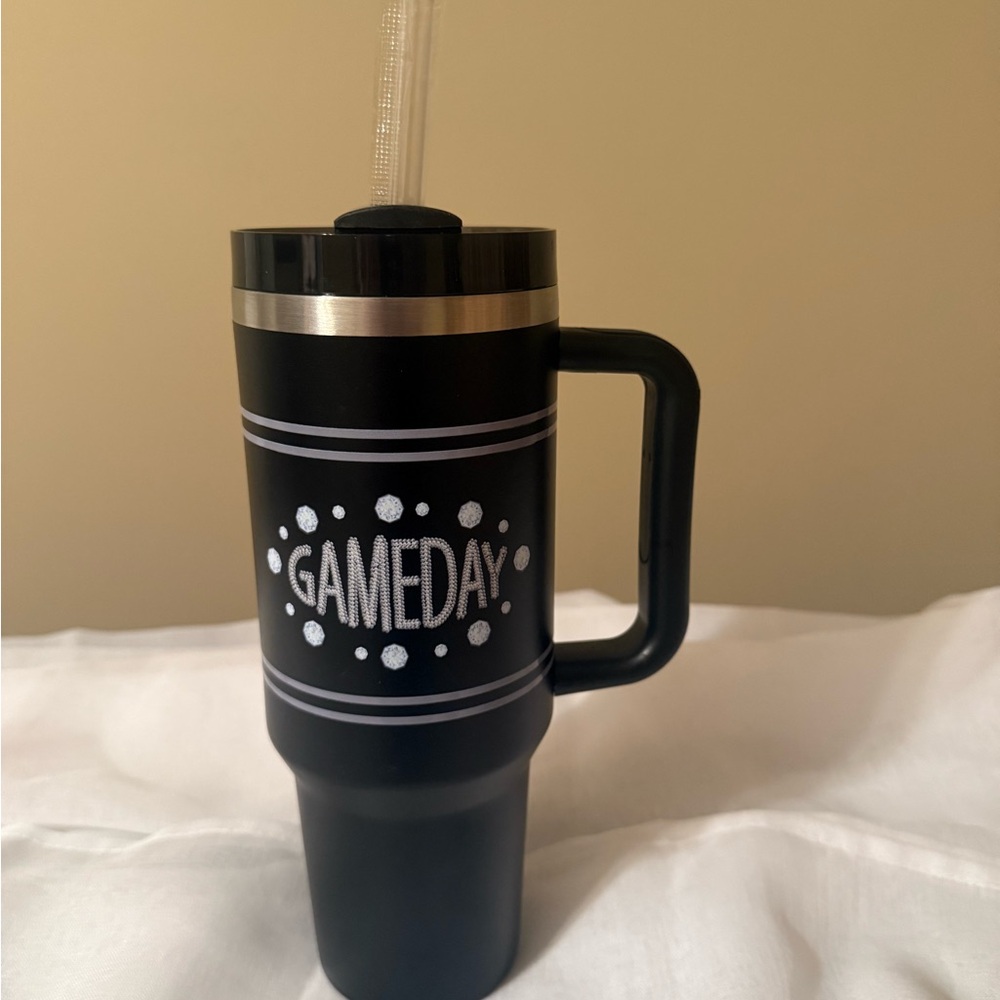 Black GAME DAY Insulated Travel Tumbler with Handle and Straw